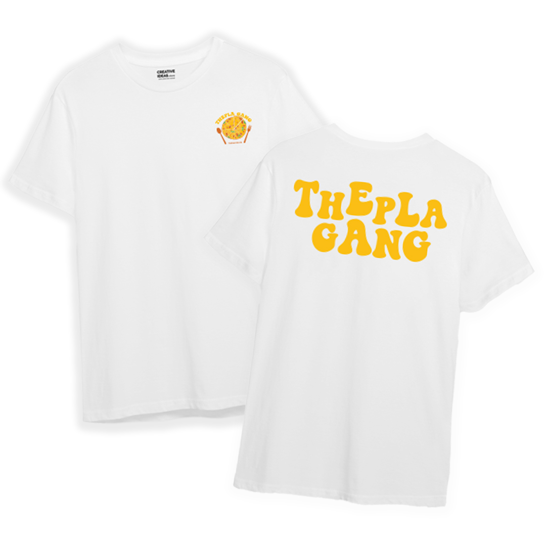 Thepla Gang Oversized White Front & Back Printed Tshirt - Official Viraj Ghelani Merchandise